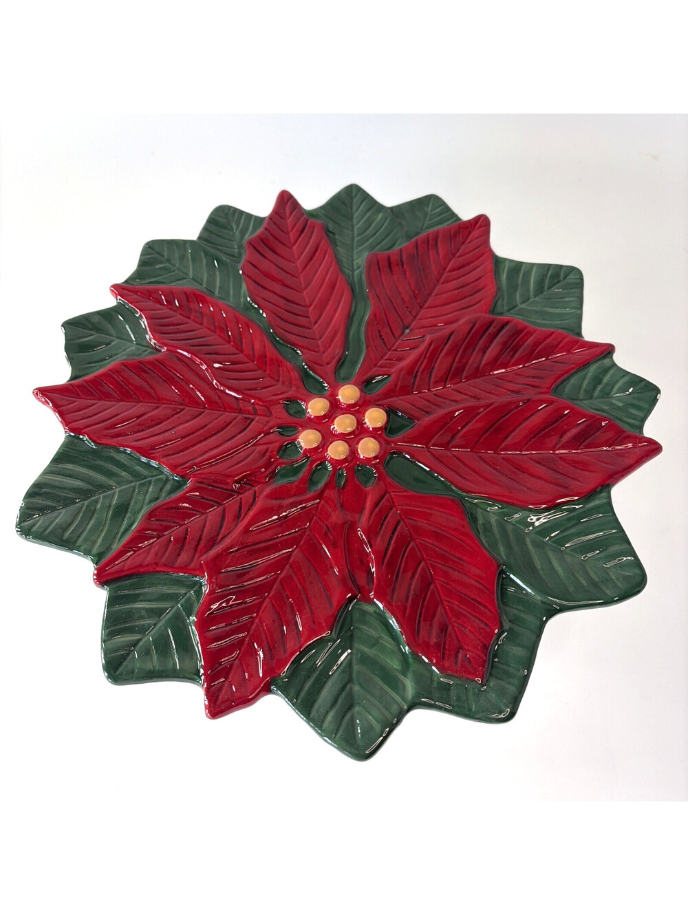 Godinger Christmas Poinsettia Pedestal Cake Stand Dessert Plate 10.5" Ceramic